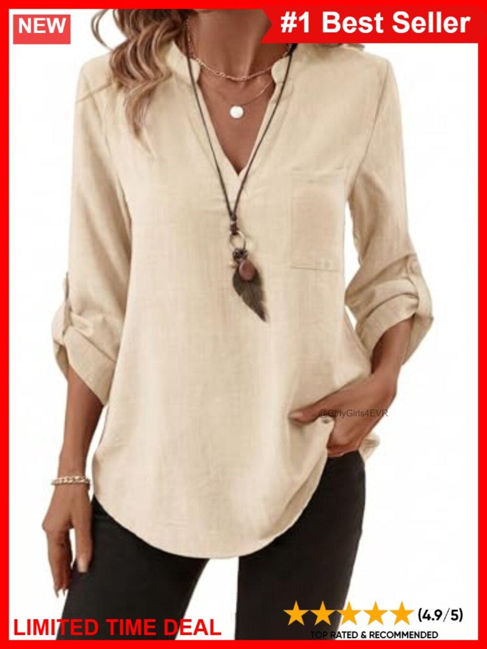 LUSMAY Women's 100% Cotton V-Neck 3/4 Sleeve Blouse Casual Office Top